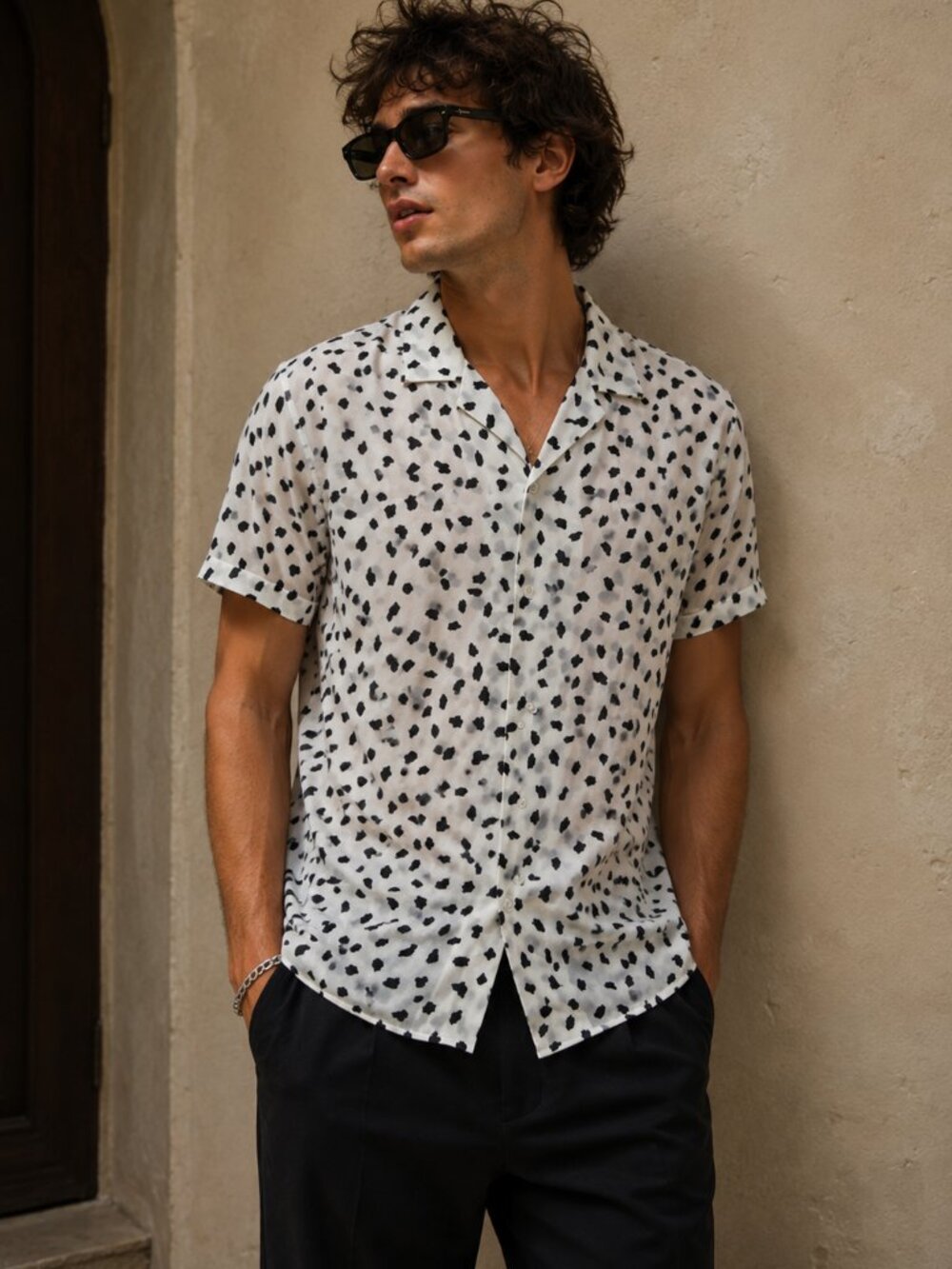 ASOS White with Abstract Print Camp Collar Shirt Men's Medium